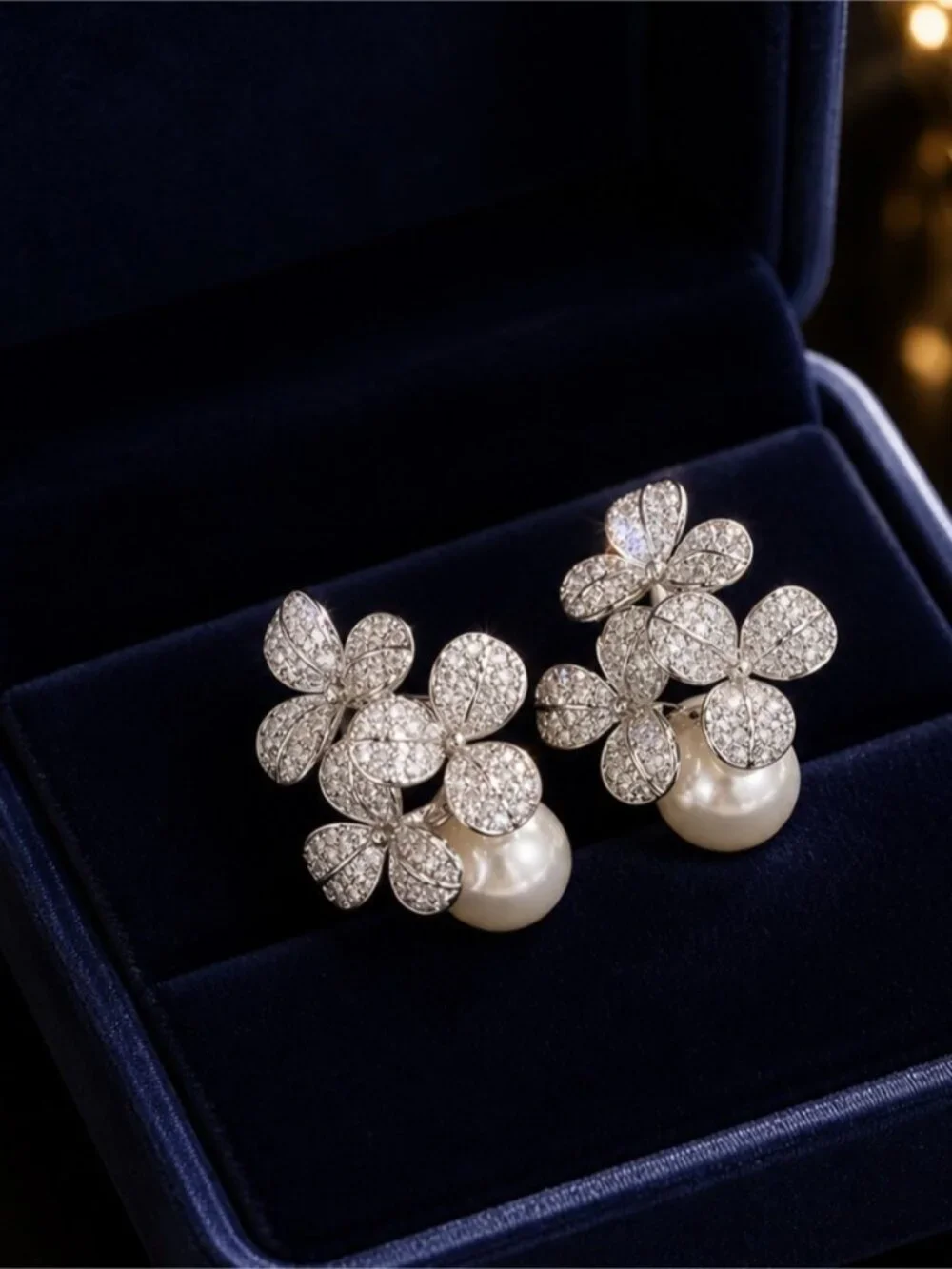 Pearl Drop Floral Crystal Stud Earrings - Women Jewelry